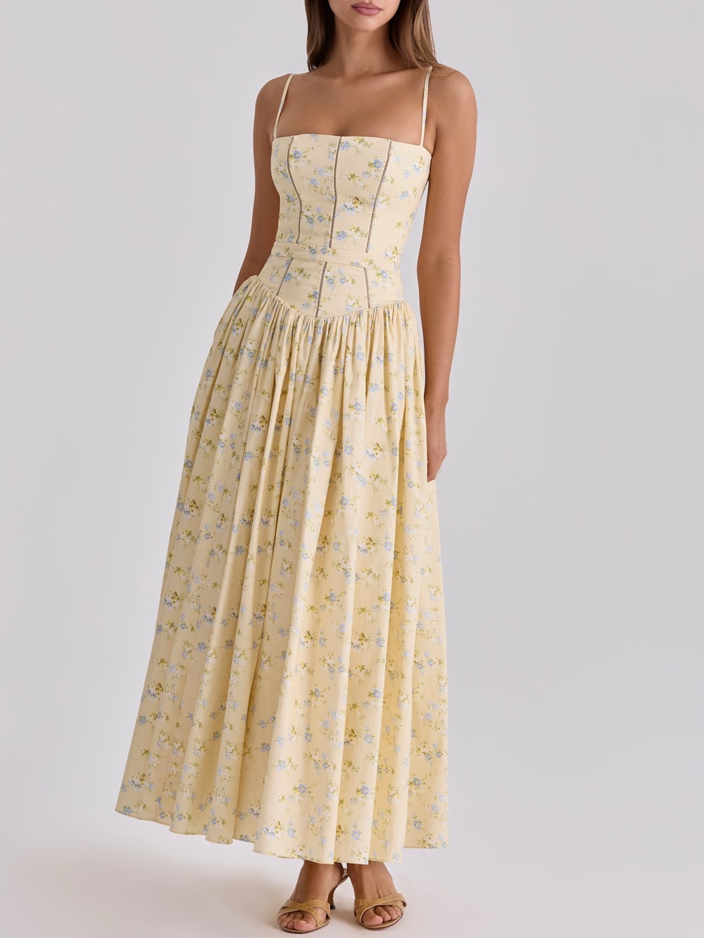 House of CB Pale Yellow Floral Spaghetti-Strap Maxi Dress